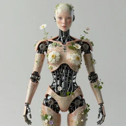 humanoid robot, flowers growing on skin, highly detailed, expressive eyes, beautiful symmetric body, perfect proportions, highly intricate, art by tom bagshaw and alex gray