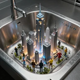 futuristic city located on the bottom of immense stainless steel kitchen sink by ross tran, thierry doizon, craig mullins, ilya kuvshinov, artgerm, edward hopper, dan mumford, wlop, rutkovsky, carl spitzweg, moebius, unreal engine 5, lumen, nanite
