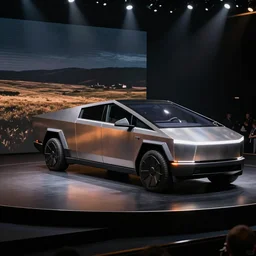 a tesla train drives onto a stage