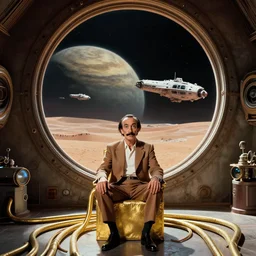background : a huge circle porthole in which space is visible, planet arrakis, spaceships | foreground : salvador dali sits on gold rectangle chair with many gold pipes | from the movie by alejandro jodorowsky with cinematogrophy of christopher doyle and art direction by hans giger, anamorphic lens, kodakchrome, 8 k