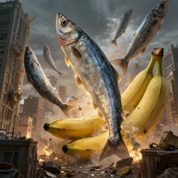 giant sardines falling into and exploding buildings, dim volumetric lighting, 8 k octane beautifully detailed render, post - processing, extremely hyper - detailed, intricate, epic composition, giant bananas natural disaster, cinematic lighting, masterpiece, trending on artstation, detailed detailed detailed, masterpiece, stunning art by anders zorn, wonderful masterpiece by greg rutkowski, beautiful cinematic light, american romanticism by greg manchess, jessica rossier
