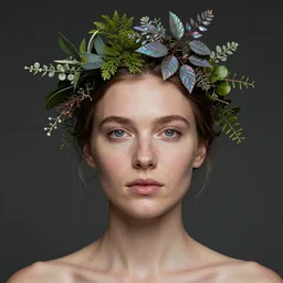 portrait of a woman inspired by lois van baarle, iridescent, plants on the head, nature