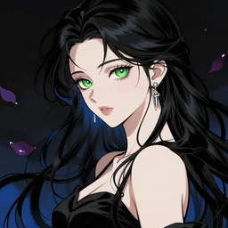 gorgeous woman with green eyes, wearing a black dress, silver earring, rose petals, in the style of greg rutkowski, black and blue colors, anime artstyle, intricate