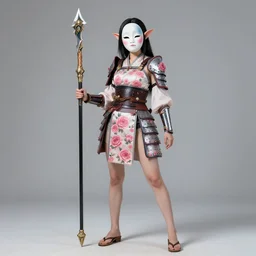 full - bodied portrait, female changeling in rose - patterned eastern light armor, wielding a decorated halberd, barefoot in sandals, detailed limbs, wearing noh theatre mask, colorful, mischievous, seductive, realistic proportions, reasonable fantasy, ghostblade, wlop.