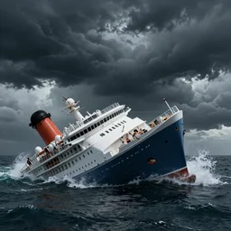 the cruise ship lying on its side in sea, sinking, dark, thunderstorm unreal engine Hight detailed An epic fantastic realism dinamic lighting