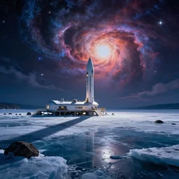 a spaceport in an icy lake landscape, cosmic sky sci - fi vivid by bruce pennington