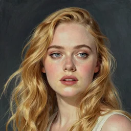 Elle Fanning in a dream, head and shoulders portrait, extremely detailed masterpiece, Roger Deakin’s cinematography, illustration, by Michael Sowa,