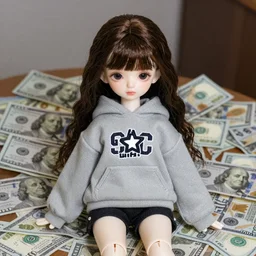 bjd doll with a lot of money