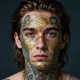 medicine man with psychedelic face tatoos made with the flower of life, and golden ratio patterns, dimethyltriptamine visions 8 k /