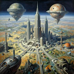 a science fiction painting from 1 9 6 4 of a futuristic city on an alien world, complex detailed illustration