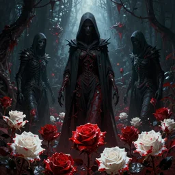poster style, a beautiful and terrifying painting with high details of reaper's garden with red fluid white roses in the foreground, movie atmosphere, movie lights, 8 k, light effect, rtx on, trending on artstation, by kilian eng, lee madgwick, bastien lecouffe - deharme