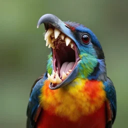 toothy bird. bird with too many teeth. gaping wide mouth with huge teeth. scary bird. terrifying colorful bird. you would not believe how horrified i was to snap a photo of this bird, and the sound it made, it sent shivers down my spine! National Geographic photography. cute tho
