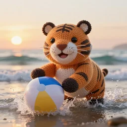 a closeup photorealistic photograph of a cute smiling knitted tiger hippopotamus splashing towards a beachball at sunset. surf in background. professional capture. brightly lit scene. this 4 k hd image is trending on artstation, featured on behance, well - rendered, extra crisp, features intricate detail, epic composition and the style of unreal engine.