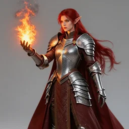 a female elven cleric with red long hair, very good beautiful heavy scale armor, wearing a cape, casting a fire spell, magical, bright, colorful, fantastic lighting, amazing details, 4 k uhd, illustration by stephanie brown and mingchen shen and ilya kuvshinov, artstation, pixiv, concept art,
