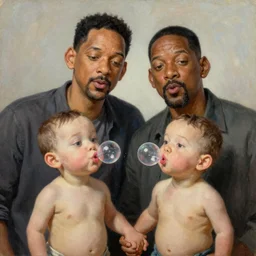 Will Smith and Chris Rock With A Goatee As Short Midgets Holding Hands And Blowing Bubbles, illustration, soft lighting, soft details, painting oil on canvas by Edmund Blair Leighton and Charlie Bowater octane render, HDR, trending on artstation, 4k, 8k, HD