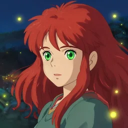 sharp, intricate fine details, breathtaking, digital art portrait of a red haired girl with green eyes in a dreamy, mesmerizing scenery with fireflies, anime style art by studio ghibli, deviantart, artstation
