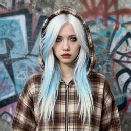 highly detailed portrait of a sewer punk swedish lady, tartan hoody, white hair by atey ghailan, by greg rutkowski, by greg tocchini, by james gilleard, by joe fenton, by kaethe butcher, gradient light blue, brown, blonde cream and white color scheme, grunge aesthetic!!! ( ( graffiti tag wall background ) )