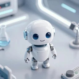 a cute rounded tiny robot looking up to the camera smiling, made out of shiny white metal, standing on a lab table surrounded by lab tools, photograph, white neon lighting, pixar style, futuristic, science fiction, high angle shot, macro, wholesome, seen from above