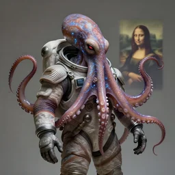 biblical daemonic octopus wearing a spacesuit, glowing veins, looking sideways, second coming, rule of thirds, portrait by Greg Hildebrandt, studio lighting, muted colors, by Terry Richardson, by Leonardo DaVinci, by Beeple, ultrarelistic, extreme detail, caustics, trending on Artstation, 8K, octane renderer, rtx on