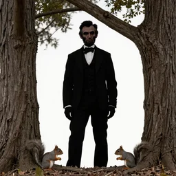 a silhouette of Abe Lincoln standing behind a tree hiding from squirrels