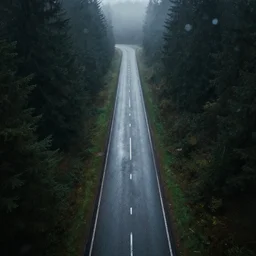 drone fottage of an old road in the forest lomography photo, playstation 5 screenshot, fine details, rain, rtx reflections, fog, night, photorealistic, unreal engine, octane render, volumetric light, featured on cg society, 4 k, 5 0 mm bokeh