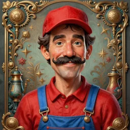 highly detailed vfx caricature of a man with a mustache wearing a red shirt, blue overalls, and a red cap, art by mark ryden, digital illustration, ornate details,
