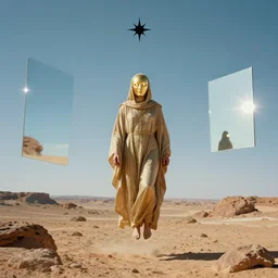 levitating bene gesserit priest with full - face golden mask and glowing eyes in a dry rocky desert landscape, visible sky and sunny atmosphere, fata morgana giant mirrors, black star in the sky by alejandro jodorowsky and christopher doyle, anamorphic lens flares, kodakchrome, cinematic composition, practical effects, 8 k,