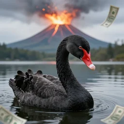 a black swan with an ape face, swimming in the lake. volcano erupting money as background. portrait photography, close up, high definition, 4 k, 8 k, popular on national geographic, highly detailed furs and feathers.
