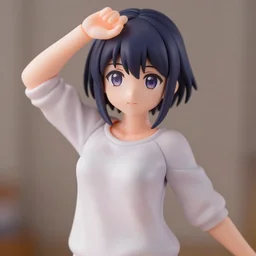 complete figure of short emo girl wearing a comfy blouse, shortstack, only limbs & head present in scene, personification, tsurime eyes, tareme eyes, eyes by kon satoshi, ^. ^ eyes, dynamic pose, amiami, aniplex, kotobukiya, beautiful composition, 4 5 mm lens, focal length 2, hdr