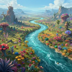 digital illustration of a singular river flowing through a vibrant alien landscape, art by Chesley Bonestall, Roger Dean, Rodney Matthews, and Tim White, colorful alien flora, wide angle, panoramic, fantasy, 8k resolution, deviantart, trending on Artstation, concept art, Terragen, HDR, Octane
