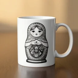 a white coffee mug with a image of ( ( ( a russian nesting doll, pencil sketch, line art, black and white ) ) ) on the side, high definition photography, studio lighting, professional, detailed, golden hour