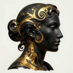epic concept art. abstract female face silhouette mixing with black and gold liquid fluid. abstract sculpture. art deco spirals. masterpiece by michelangelo. concept art, matte painting. greg rutkowski, wlop, victo ngai