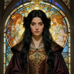 masterpiece head-on symmetrical centered painted portrait, Mahira Khan as a D&D wizard mage, black hair, no hands, ornate mage robes, glowing stained glass backdrop, elegant, in the style of Ruan Jia and Edgar Maxence and Ross Tran and Alphonse Mucha and Ayami Kojima and Charlie Bowater and Greg Rutkowski and Karol Bak and Jean Delville, Art Nouveau, Pre-Raphaelite, Neo-Gothic, 8k, specular highlights, octane render