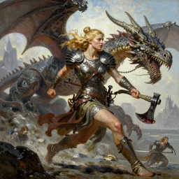 An oil painting of a beautiful blonde viking woman running with a bloodied war-axe, very aesthetic, detailed face, by Frank Frazetta, Greg Rutkowski, Boris Vallejo, Neal Hanson, Christian MacNevin, epic fantasy character art, goddess of war, detailed viking rune armor, high fantasy, full length, exquisite detail, post-processing, low angle, masterpiece, cinematic, colossal dragon in background