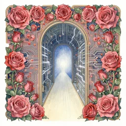 portal to another dimension, surrounded by ( ( ( ( roses ) ) ) ) and electric circuitry!!!!!. art noveau watercolor by moebius and clamp, intricate details.