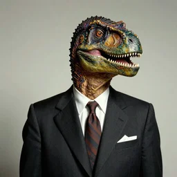 A portrait of a humanoid dinosaur wearing a suit, eerie, by Salvador Dali