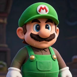 professional fantasy art of new mario brother in green overalls, long thin drooping mustache, sad face, looking at viewer with sad face expression, professional art, horror art, matte painting, zdislaw beksinski, volumetric lighting, unreal engine 5, very detailed art