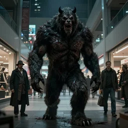 in the style of artgerm, steve niles, rembrandt, rafael albuquerque, large hairy werewolf in a shopping mall at night, moody lighting, horror scary terror