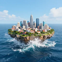 a city floating on an island in the ocean, crashing waves, vivid color, far view, 3 5 mm dslr photograph, photorealistic, 4 k, rendered in octane