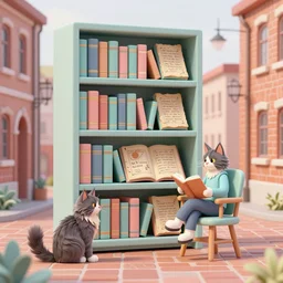 bookshelf, maine coon cats, brick streets, ancient manuscripts, a reader in a chair, nordic pastel colors, 3 d art, digital illustration, perfect lighting