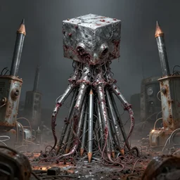 pencils of brutalist chrome dusted, tiered, dead god, unsymmetrical, horror squid cube colossus, distant surrounding med equipment, abandoned filthy, chemical burns, rusted, macerated, eviscerated by fimbria wires, by v finlay, wayne d barlowe, stefano tamburini, geof darrow, torch light, muted colors, epic,