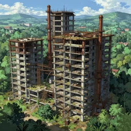 a beautiful hyperdetailed anime illustration of abandoned city unfinished building industrial architecture deck architecture by thomas kinkade, forest, archdaily, wallpaper, highly detailed, trending on artstation.
