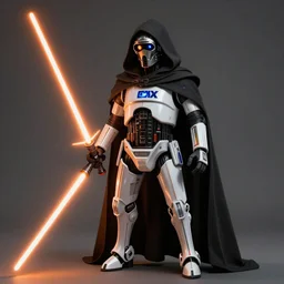 A KX-Series security droid from star wars wearing a hooded cloak and welding an orange lightsaber similar to Darth Maul\'s, extremely detailed, concept art