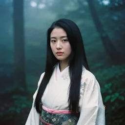 portrait bust of woman, haruka fukuhara, film grain, kodachrome, dense forest, long black hair, low key, classic kimono, heavy fog, backlit, princess mononoke, 4 k, greg rutkowski, shallow depth of field, dramatic lighting, sunset, hayao miyazaki, masashi ando, nizou yamamoto, kazuo oga, joe hisaishi, yoji takeshige, naoya tanaka