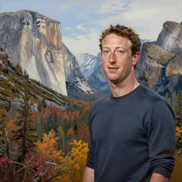 painting of Yosemite on an autumn day, in the style of Mark Zuckerberg. Beautiful landscape, great lighting, very detailed, 8k, trending on art station