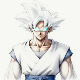 a sketch of a humanoid glowing eyes goku, wearing a white japanese robe, by melmoth zdzislaw belsinki craig mullins yoji shinkawa, very realistic render, anime, paint smears digital art, realistic anime, dramatic lighting, dust in the air, d & d design