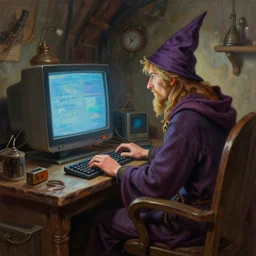 matte oil painting, wizard sitting at a gaming pc, as a dnd character, typing on a keyboard, big monitor, 9 0 s crt, inside a cluttered lab, cottagecore, extremely detailed, digital illustration, concept art, readability, smooth, sharp focus, art by brothers hildebrandt, art by alex grey