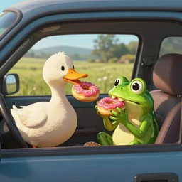 a duck and a frog eating donuts in a car, cartoon, artstation, cgsociety, realistic