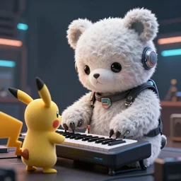 high quality 3 d render very cute fluffy cyborg!! bear plays moog synthesizer, cyberpunk highly detailed, unreal engine cinematic smooth, in the style of blade runner & detective pikachu, hannah yata charlie immer, moody light, low angle, uhd 8 k, sharp focus