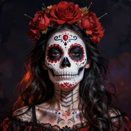 illustration of a sugar skull day of the dead girl, art by ralph steadman